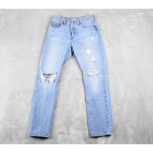 Levi's Denim - Levis 501 Jeans Womens 27x30 (27x28 Actual) Straight Button Fly Blue Distressed